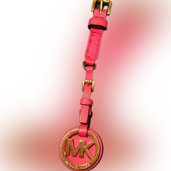 Michael Kors MK Charm Hang Tag Silver Tone Keychain Key Fob Charm Hot Pink - Picture 3 of 8